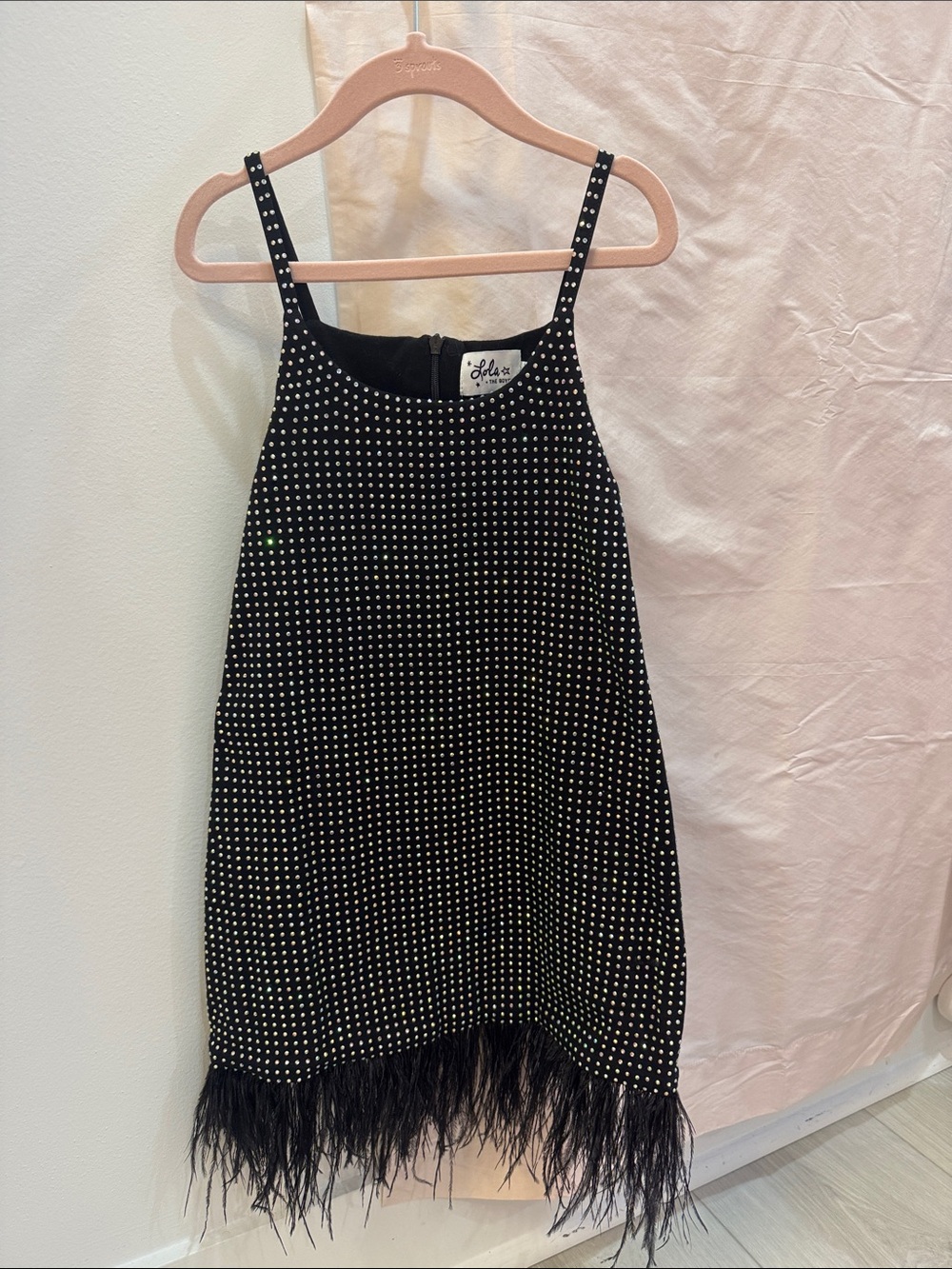 Lola + The Boys Black Polka Crystal Dot Dress with Feather Hem